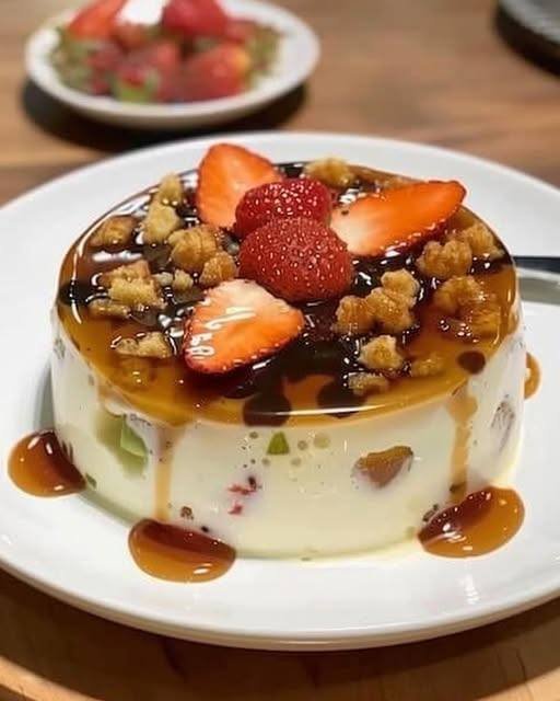 Pudim de Gelatina com Frutas Frescas e Calda de Caramelo