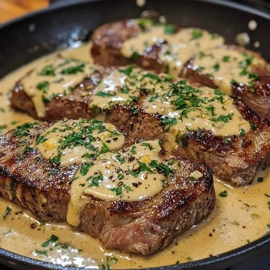 Bife no molho de alho suculento