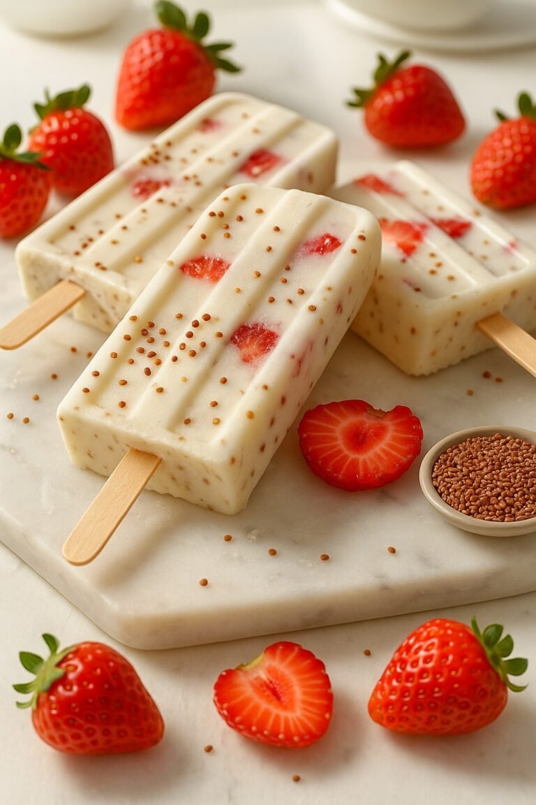 Picolé Funcional de Iogurte Grego com Morango e Linhaça Dourada