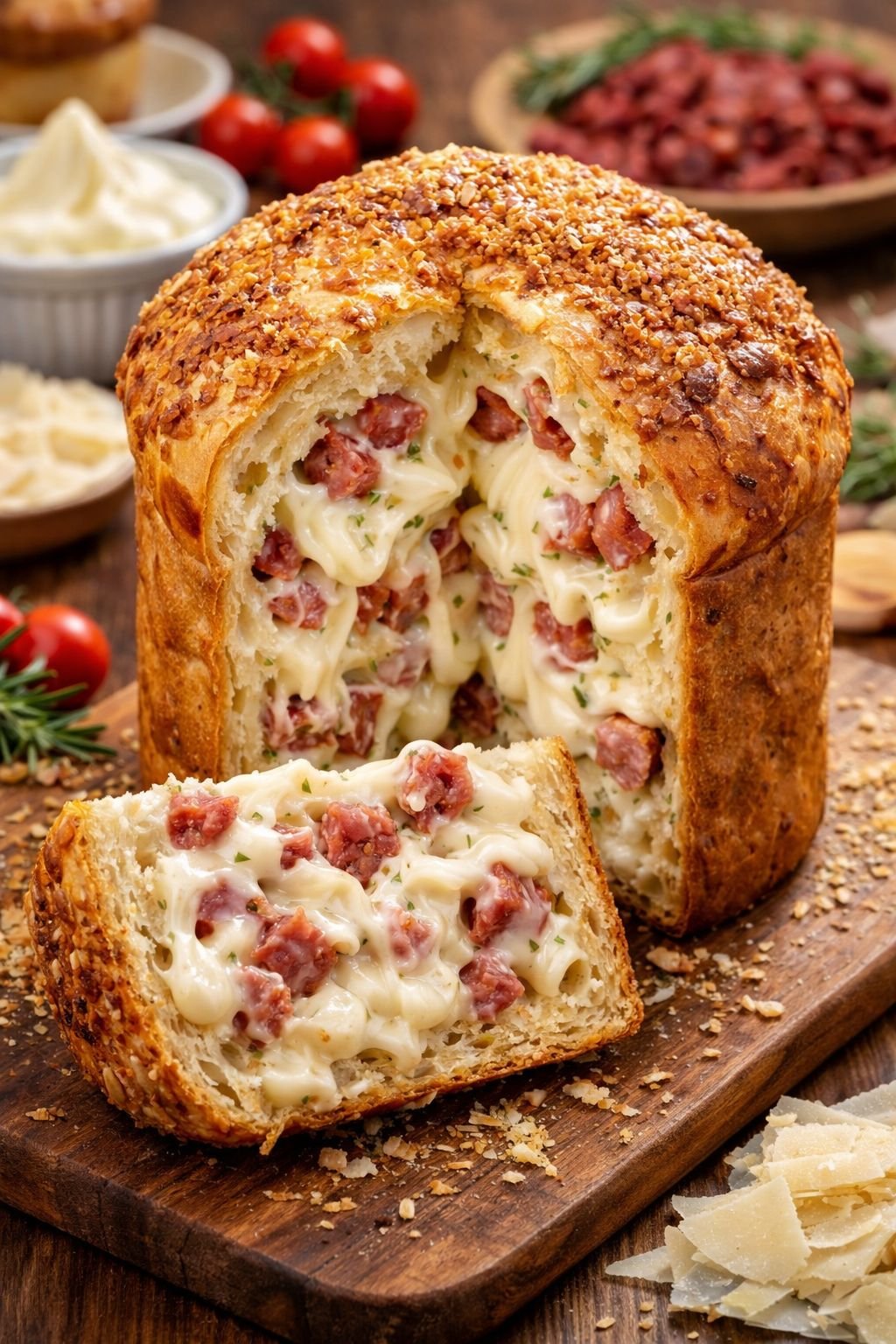 Panetone Salgado de Calabresa com Catupiry Cremoso e Parmesão Crocante
